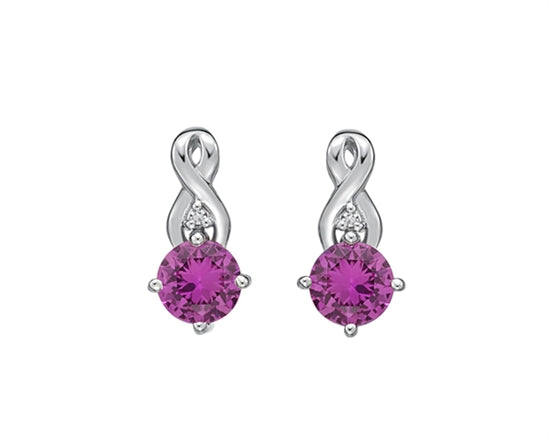 10K White Gold 5mm Round Cut Created Pink Sapphire and 0.012cttw Diamond Earrings with Butterfly Backings