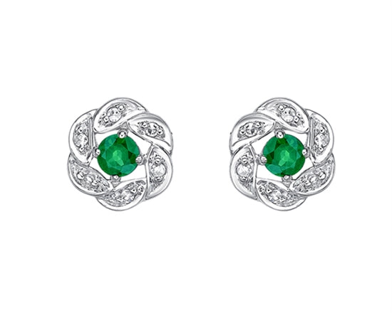 10K White Gold 2.80mm Round Cut Emerald and 0.05cttw Diamond Halo Stud Earrings with Butterfly Backings