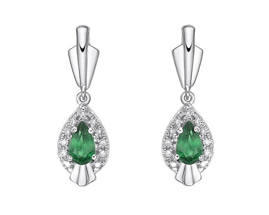 10K White Gold 5x3.5mm Pear Cut Emerald and 0.06cttw Diamond Dangle Earrings