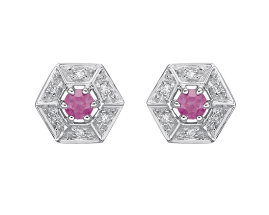10K White Gold 3mm Round Cut Pink Sapphire and 0.05cttw Diamond Halo Stud Earrings with Butterfly Backings