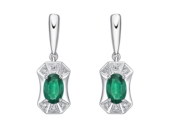 10K White Gold 5x3mm Oval Cut Emerald and 0.04cttw Diamond Dangle Earrings with Butterfly Backings