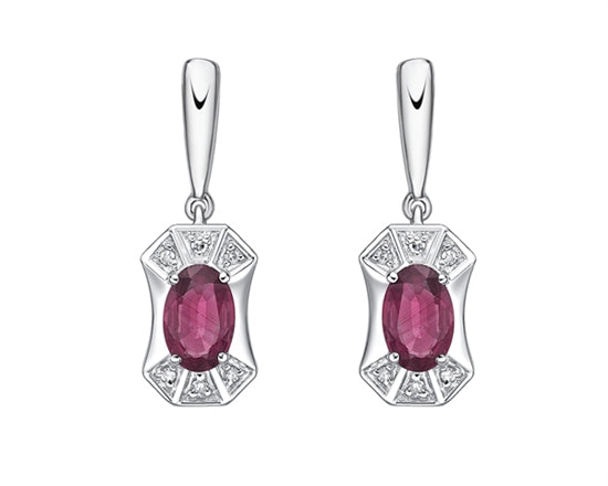 10K White Gold 5x3mm Oval Cut Ruby and 0.04cttw Diamond Dangle Earrings with Butterfly Backings