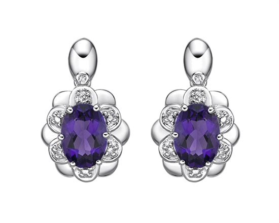 10K White Gold 6x4mm Oval Cut Amethyst and 0.04cttw Diamond Slight Drop Earrings with Butterfly Backs