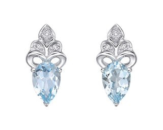 Aretes de oro blanco de 10 quilates con topacio azul suizo de talla pera de 6x4 mm y diamantes de 0,03 quilates