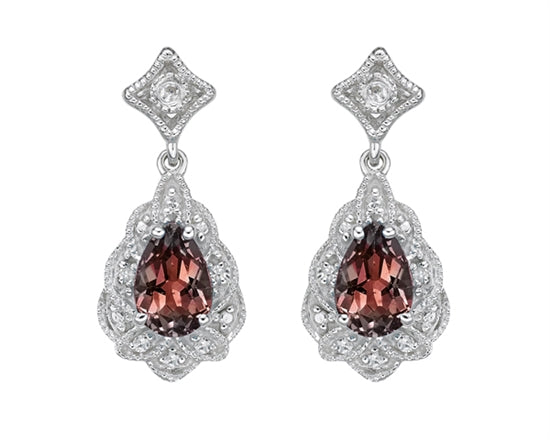 10K White Gold 6x4mm Pear Cut Garnet and 0.05cttw Diamond Scallop Halo Dangle Earrings with Butterfly Backings