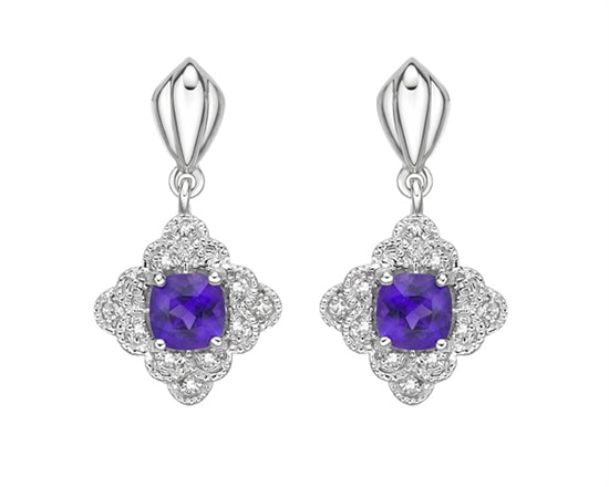 10K White Gold 4.0mm Cushion Cut Amethyst and 0.03cttw Diamond Drop Earrings with Butterfly Backs