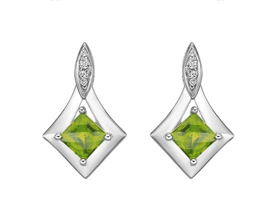 10K White Gold 4mm Princess Checkerboard Cut Peridot and 0.026cttw Diamond Dangle Earrings with Butterfly Backings