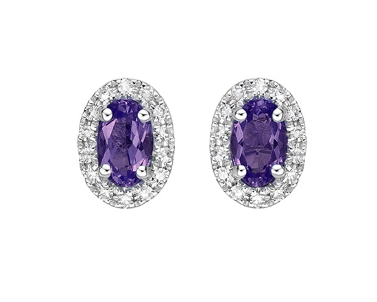 10K White Gold  Amethyst and 0.11cttw Diamond Halo Earrings with Butterfly Backs