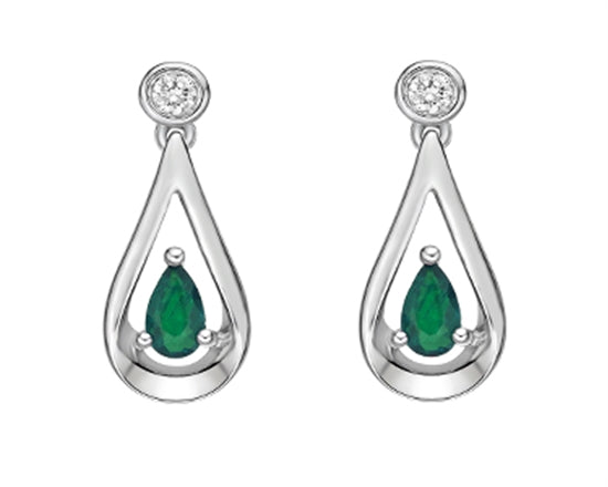 10K White Gold 5x3mm Pear Cut Emerald and 0.08cttw Diamond Dangle Earrings with Butterfly Backings