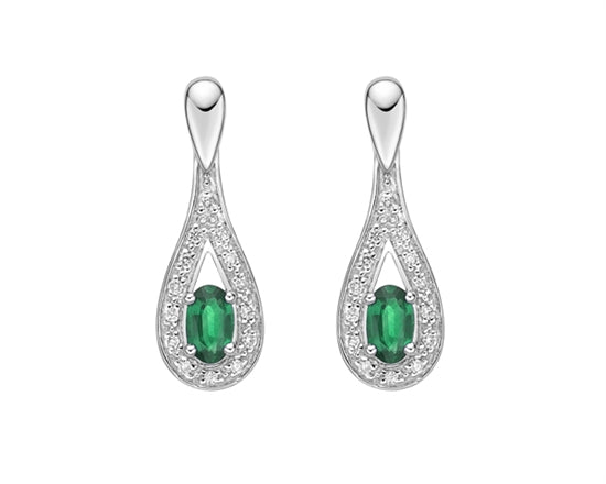 10K White Gold 5x3mm Oval Cut Emerald and 0.115cttw Diamond Dangle Earrings