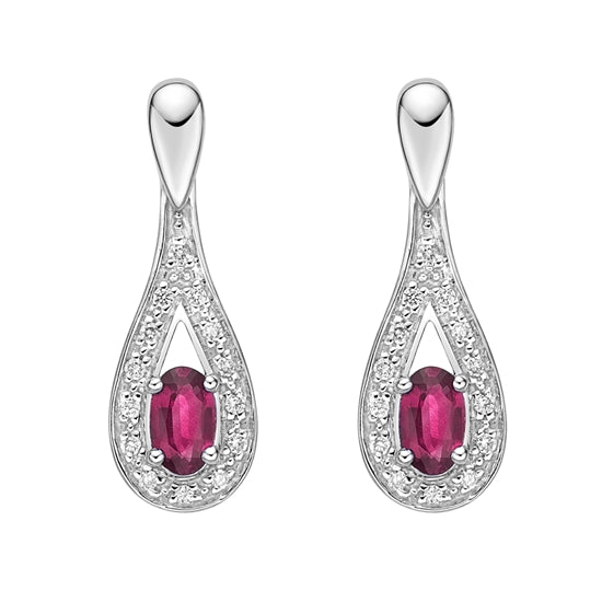 10K White Gold 5x3mm Oval Cut Ruby and 0.115cttw Diamond Dangle Earrings with Butterfly Backings
