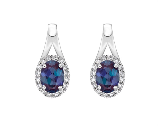 10K White Gold 6x4mm Oval Cut Created Alexandrite and 0.11cttw Diamond Halo Earrings with Leverbacks