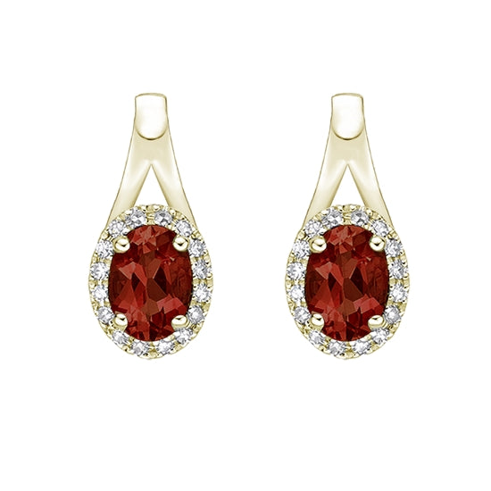 10K Yellow Gold 6x4mm Oval Cut Garnet and 0.11cttw Diamond Halo Dangle Earrings with Leverbacks