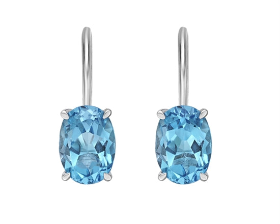 10K White Gold 7x5mm Oval Cut Swiss Blue Topaz Leverback Earrings