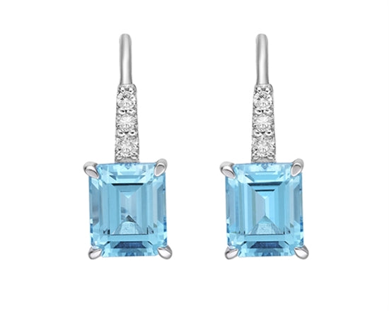 10K White Gold 6x5mm Emerald Cut Swiss Blue Topaz and 0.065cttw Diamond Dangle Earrings
