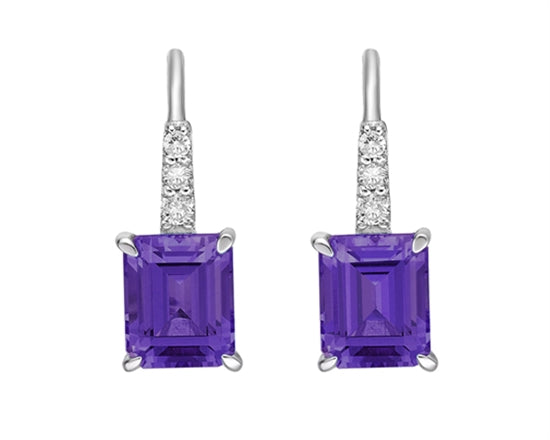 10K White Gold 1.50cttw Amethyst and 0.065cttw Diamond Drop Earrings with Lever Backs