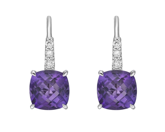 10K White Gold 2.35cttw Amethyst and 0.065cttw Diamond Drop Earrings with Lever Backs