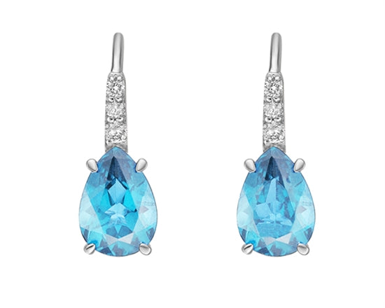10K White Gold 7x5mm Pear Cut Swiss Blue Topaz and 0.065cttw Diamond Dangle Earrings