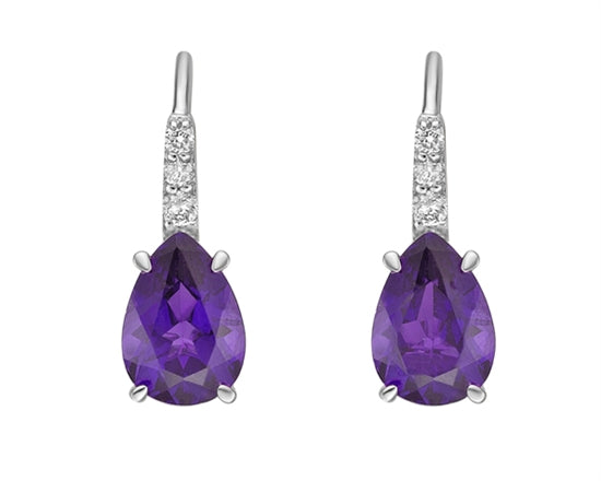 10K White Gold 1.35cttw Amethyst and 0.065cttw Diamond Drop Earrings with Lever Backs