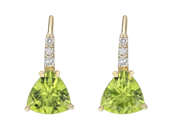 10K Yellow Gold 6mm Trillion Cut Peridot and 0.065cttw Diamond Dangle Earrings with Leverbacks