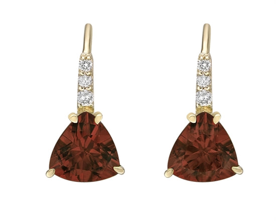10K Yellow Gold 6mm Trillion Cut Garnet and 0.065cttw Diamond Dangle Earrings with Leverbacks
