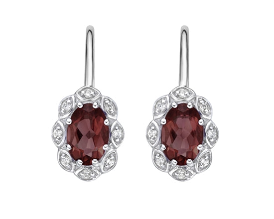 10K White Gold 6x4mm Oval Cut Garnet and 0.06cttw Diamond Scallop Halo Dangle Earrings with Leverbacks