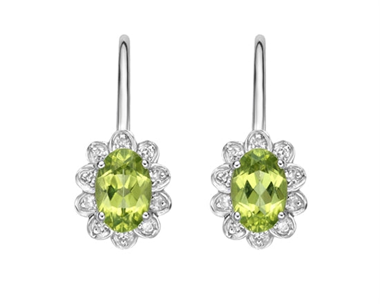 10K White Gold 6x4mm Oval Cut Peridot and 0.08cttw Diamond Scallop Halo Dangle Earrings with Leverbacks