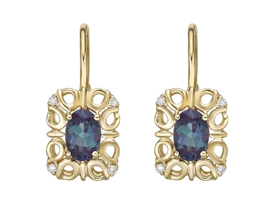 10K Yellow Gold 6x4mm Oval Cut Created Alexandrite and 0.045cttw Diamond Dangle Earrings with Euro Backs