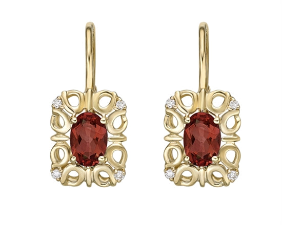 10K Yellow Gold 6x4mm Oval Cut Garnet and 0.045cttw Diamond Dangle Earrings with Euro Backs