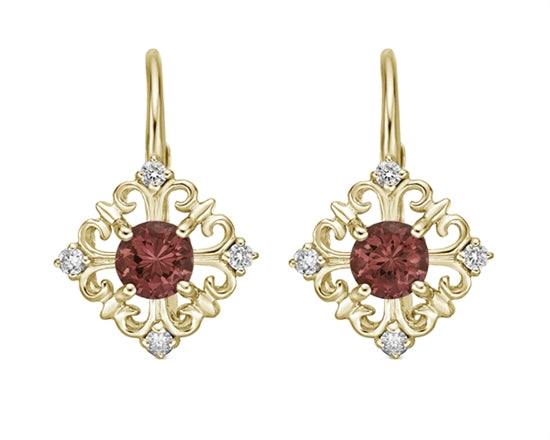 10K Yellow Gold 4mm Round Cut Garnet and 0.10cttw Diamond Dangle Earrings with Leverbacks