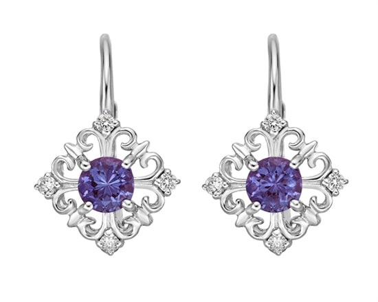 10K White Gold 4mm Round Cut Created Alexandrite and 0.10cttw Diamond Dangle Earrings with Leverbacks