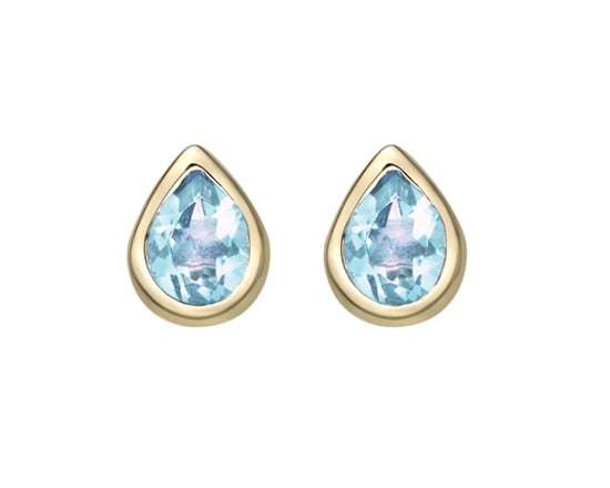 Aretes con bisel de talla pera y topacio azul de 4x3 mm en oro amarillo de 10 quilates