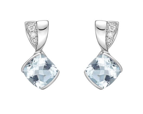 10K White Gold 6.0mm Cushion Cut  Aquamarine and 0.051cttw Diamond Dangle Earrings