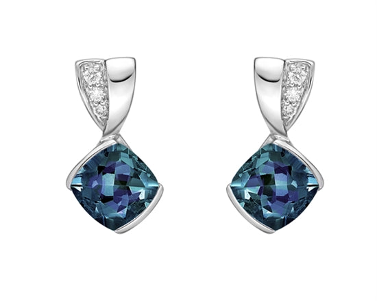 10K White Gold 6mm Cushion Cut Created Alexandrite and 0.051cttw Diamond Dangle Earrings with Butterfly Backings