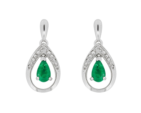 10K White Gold 5x3mm Pear Cut Emerald and 0.01cttw Diamond Dangle Earrings with Butterfly Backings