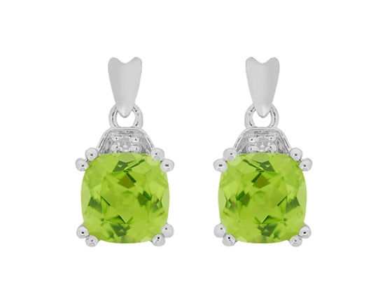 10K White Gold Cushion Cut Peridot and 0.01cttw Diamond Dangle Earrings with Butterfly Backings