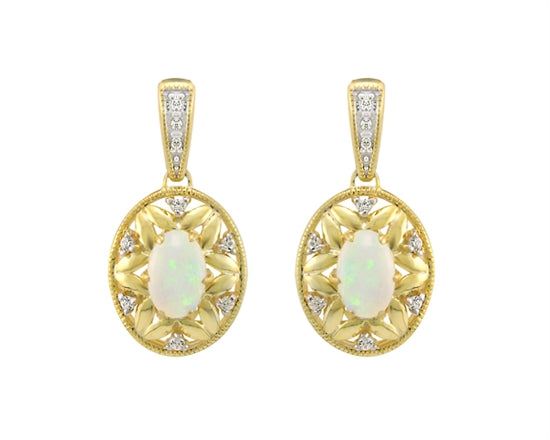 10K Yellow Gold 6x4mm Oval Cut Opal and 0.09cttw Diamond Dangle Earrings with Butterfly Backings