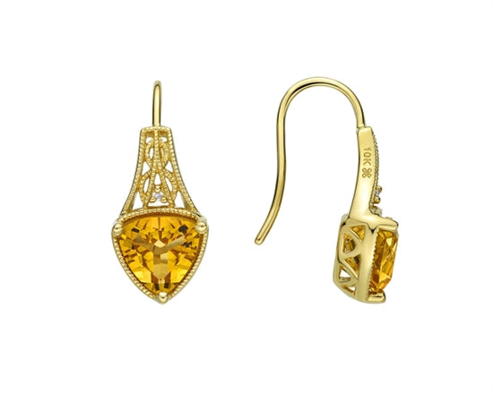 10K Yellow Gold 7mm Trillion Cut Citrine and 0.01cttw Diamond Dangle Earrings with Fish Hook Backings