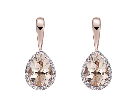 Aretes colgantes con halo de diamantes y morganita de talla pera de 6x4 mm en oro rosa de 10 quilates con respaldo de mariposa