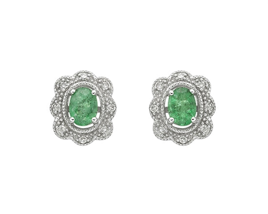 10K White Gold 4x3mm Oval Cut Emerald and 0.053cttw Diamond Scallop Halo Stud Earrings with Butterfly Backings