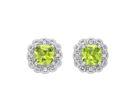 10K White Gold 4mm Cushion Cut Peridot and 0.026cttw Diamond Halo Stud Earrings with Butterfly Backings
