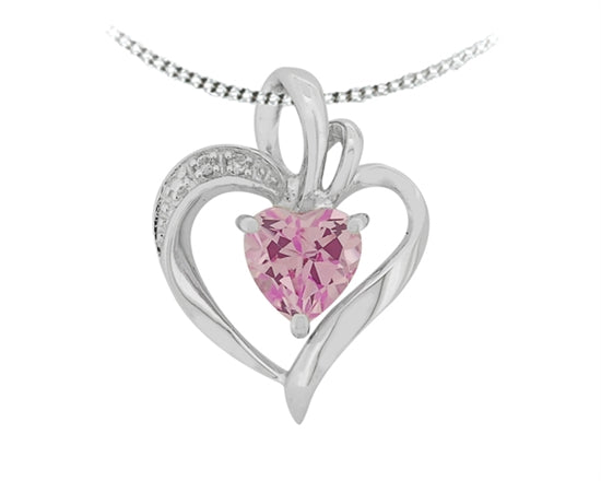 10K White Gold Pink Created Gemstone and 0.01cttw Diamond Heart Pendant - 18 inches