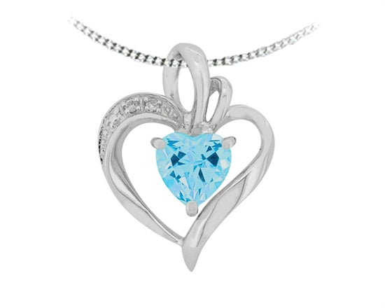 10K White Gold 6mm Heart Cut Blue Topaz and 0.01cttw Diamond Heart Necklace - 18 Inches