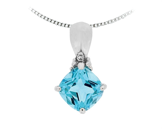 10K White Gold 6mm Cushion Cut Swiss Blue Topaz and 0.008cttw Diamond Necklace - 18 Inches