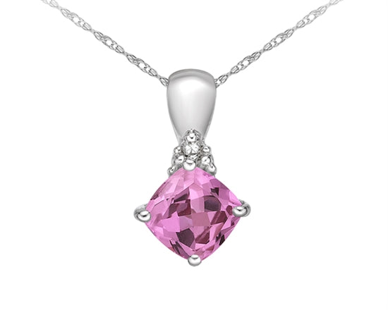 10K White Gold 6mm Princess Cut Created Pink Sapphire and 0.008cttw Diamond Pendant - 18 inches