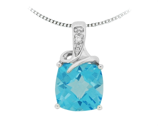 10K White Gold 8mm Cushion Cut Swiss Blue Topaz and 0.005cttw Diamond Necklace - 18 Inches