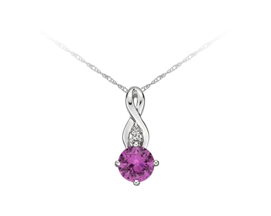 10K White Gold 5mm Round Cut Created Pink Sapphire and 0.01cttw Diamond Pendant - 18 inches