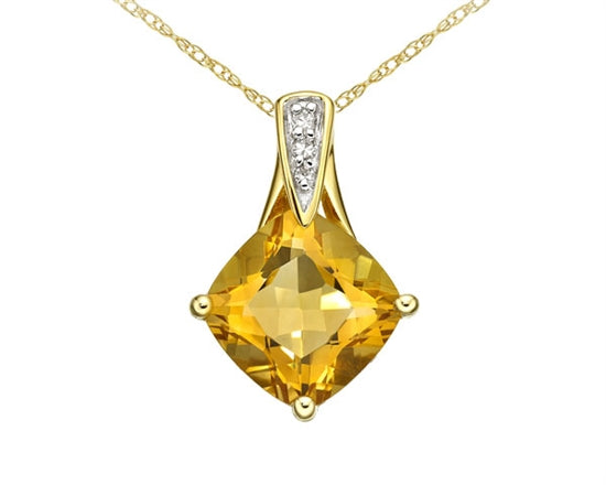 Yellow Gold 8mm Cushion Cut Citrine and 0.021cttw Diamond Pendant - 18 Inches