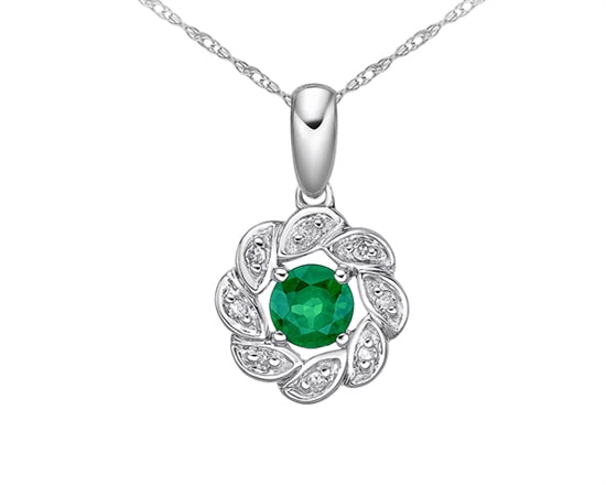 10K White Gold 3.80mm Round Cut Emerald and 0.035cttw Diamond Halo Pendant - 18 inches