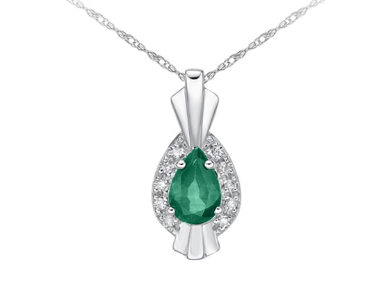 10K White Gold 6x4mm Pear Cut Emerald and 0.04cttw Diamond Pendant - 18 inches